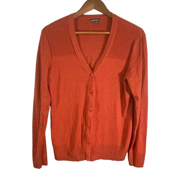 Eddie Bauer Lambswool Wool Blend Cardigan Orange Sweater Womens SIZE MEDIUM - Picture 1 of 9